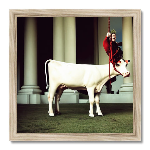 A white cow with a red udder is shown by a large barn door.