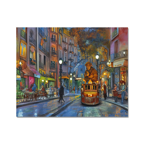 An artistic print of a very brightly illuminated street lamp on a beautiful street