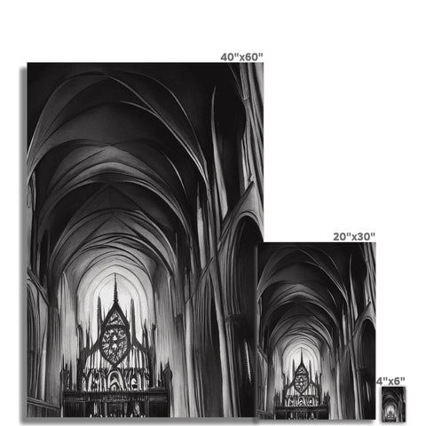 A large Gothic church with a black and white photo in it's front wall.