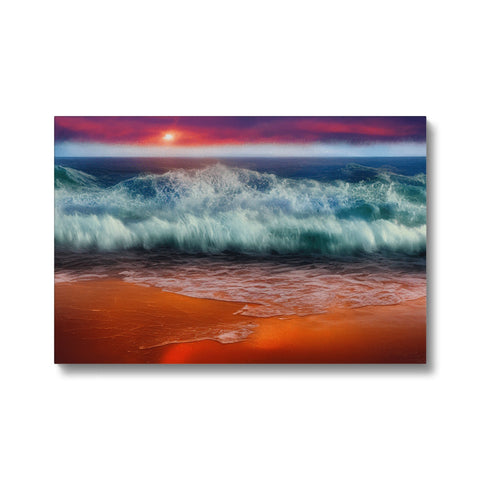 Art print in the ocean is shown on a sunset on a sunny morning