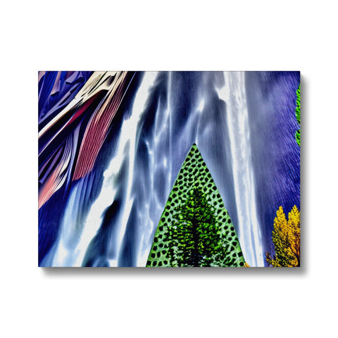 Art print of trees with tall pine trees with large mosses on top.