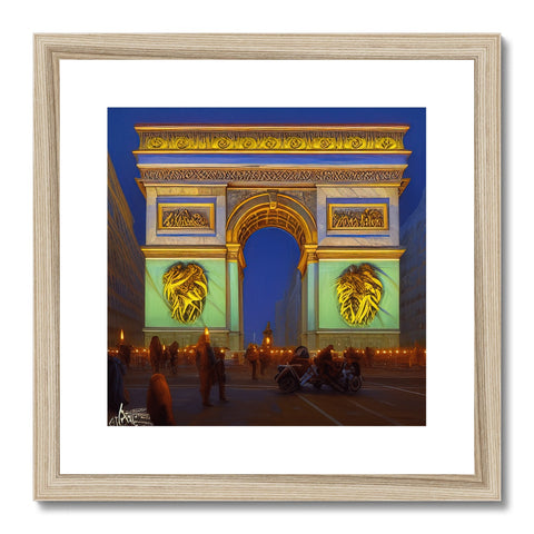 A framed photo frame with paintings of famous city buildings is made up in gold.