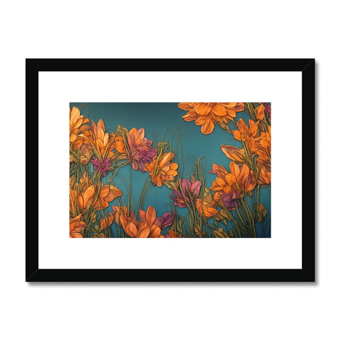 A bunch of colorful flowers sitting on a piece of white fabric in a framed print.