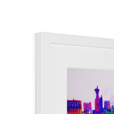 A picture frame with a painting in it with other photos of the city.