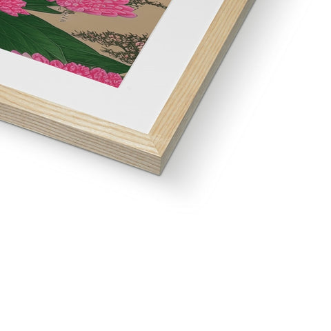 Lawn shaped wooden frame showing a picture of a piece of artwork with roses.