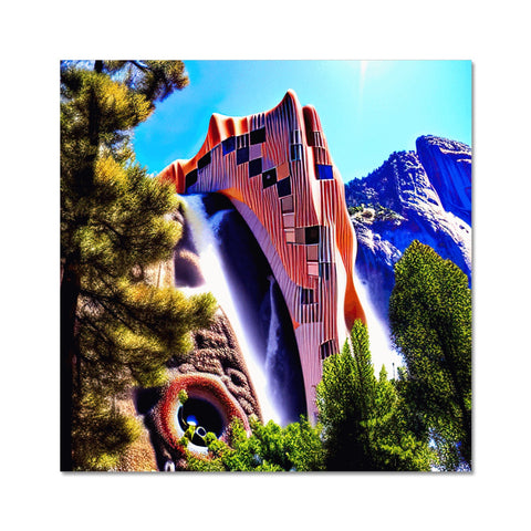 A waterfall and a park with a mountain behind it topped with an art print.