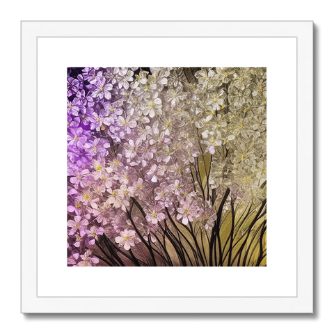 A vase of lavender flowers are on a flowering plant with an art print on