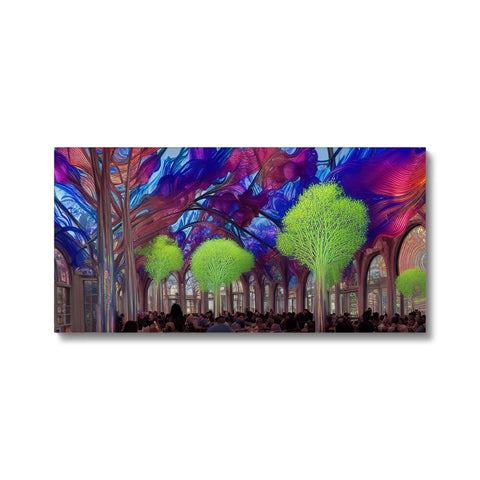 A large hanging art print that has flowers and paintings on it.