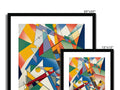 A frame holding four kites sitting on top of a white background with various paintings and