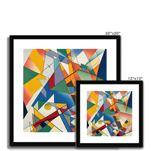 A frame holding four kites sitting on top of a white background with various paintings and