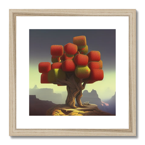 Art print of a tree that has fruit piled up on it's side.