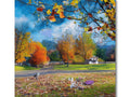 The fall foliage has colorful colors printed on card on a canvas covered top of a bed