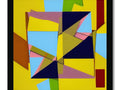 A large painting that has lots of geometric shapes, large shapes and colors.