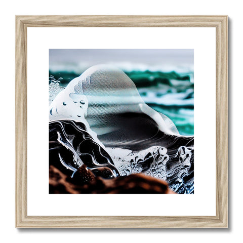 Art print of a man riding a wave in a picture frame on shore.