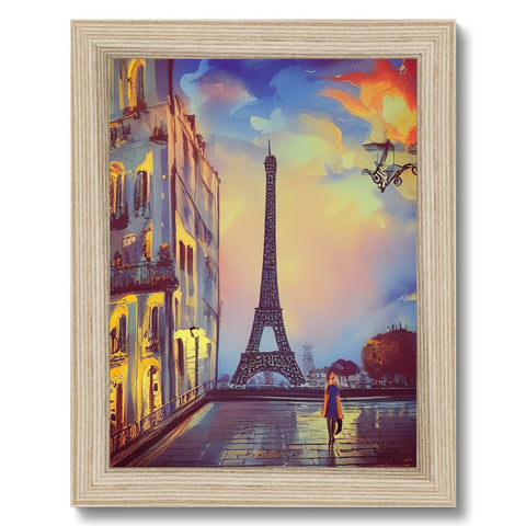 A picture of Paris in the sunset on a wood frame with a French skyline.