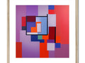 An abstract painting of a wall hanging with colored squares hanging from it.