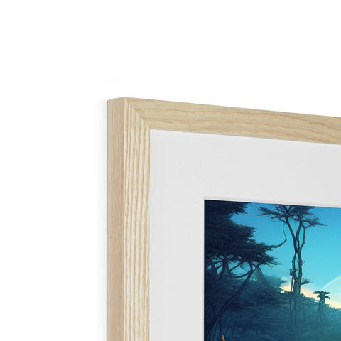 A picture on a blue photo frame with a wooden frame next to a tree.