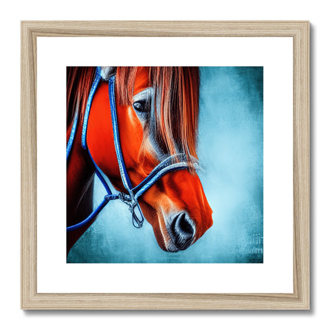An equine holding a framed photo that is on a metal frame in their living room