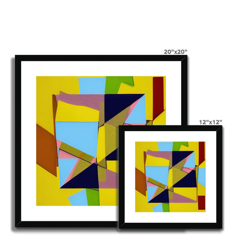 Three small square pieces of square art framed separately sit on the metal frame.