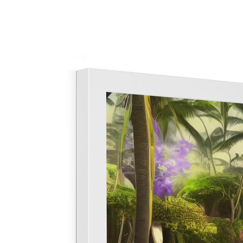 A very tropical picture frame with a tropical view and flowers and plants on the side of