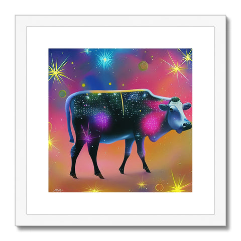 This picture hangs in front of a black cow on a small grassy field.
