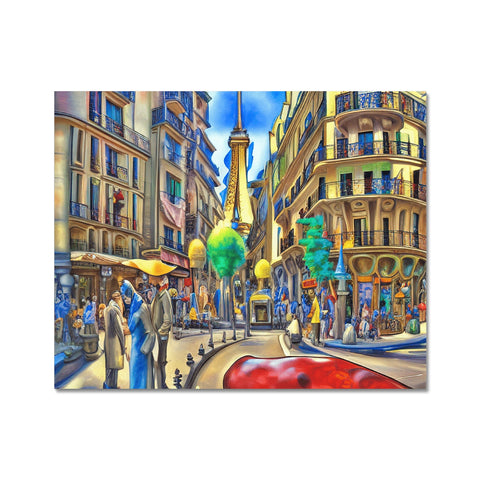 Art print print of a street full of cars and buildings.