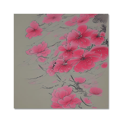 An art print on a wall next to fushia roses and white vases