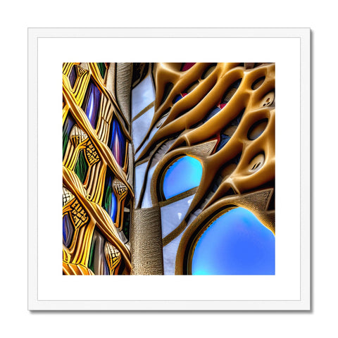 A wooden framed art piece is put on the book rack with a tree in the background