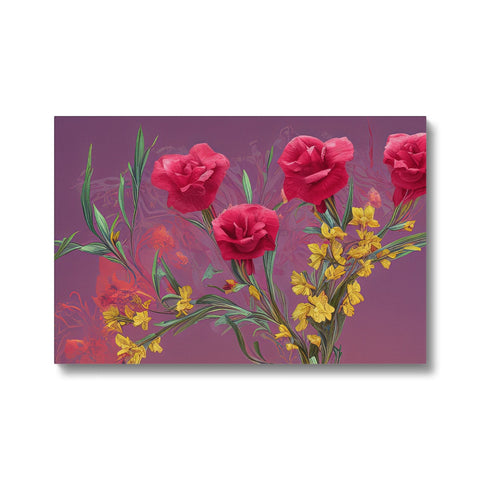 Art print with pink flowers by an artist on a white card.