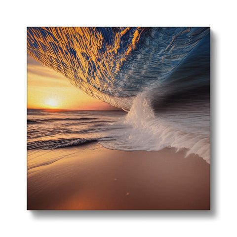 Art print of waves crashing on rocks and beach in the ocean.
