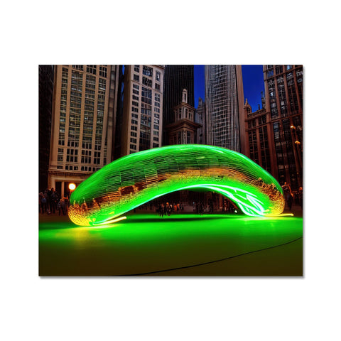 A glass arch in front of lights lighting up a scene in downtown Chicago.