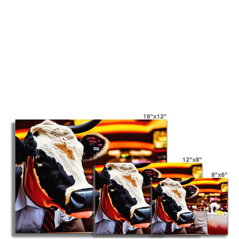 A pile of placemats with picture of cows sitting on a dirt floor below them