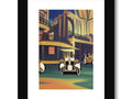 A framed art print depicting a train going down a street with many cars standing on the