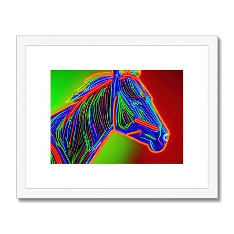 An image of a horse, standing on a horseback behind an art print.