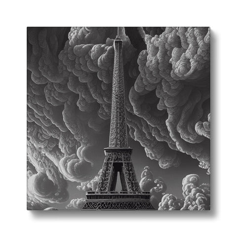 Art print of the Eiffel tower above a wall filled with clouds with flowers.