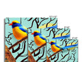 A row of bird on wall tiles in a colorful room.<