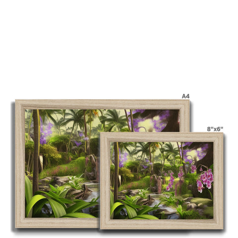 A picture frame with several plants, a picture of animals, and a tropical scene in