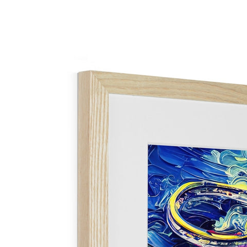 A picture of a blue picture hanging in a white wooden frame.