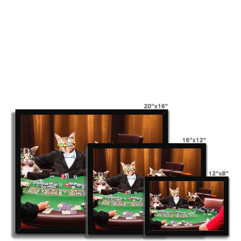 A bunch of cats playing poker inside a black and white picture wall.