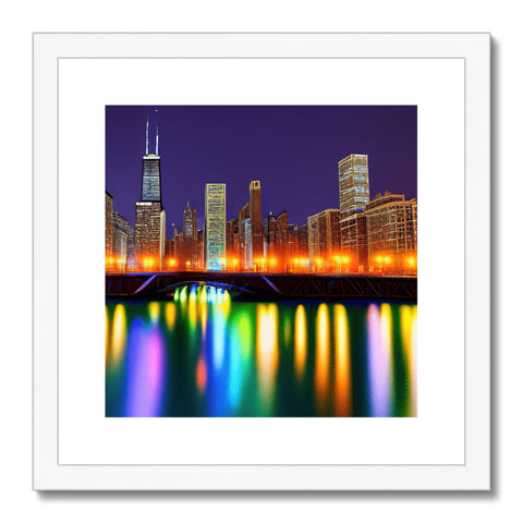 Art print shot of Chicago skyline next to skyscrapers with lights in the distance