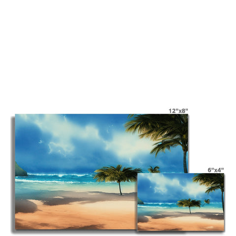 A blanket laying down between two images of a tropical beach with a sun filled sky.