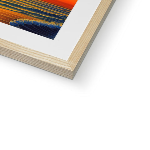 A wooden frame of an art print sitting on top of a wood frame.