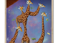 Two giraffes looking up in the air with a bear and two animals watching
