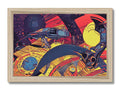 An art print of a motorcyclist on a wooden mount with a car on the