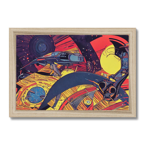 An art print of a motorcyclist on a wooden mount with a car on the