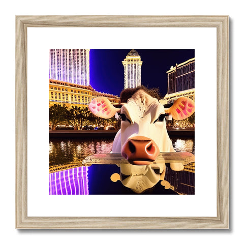 Three cow statues are standing inside a glass frame in a frame in Las Vegas on a
