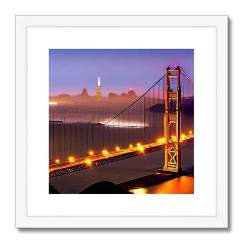 A framed print of a golden gate standing on top of a wooden bridge.