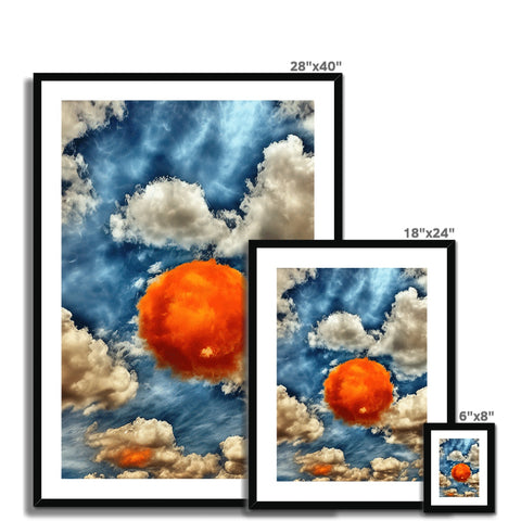 Three orange images on a blue glass table next to a photo of a cloud next to