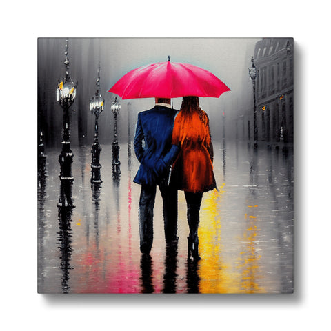 An American girl walking on the sidewalk with a colorful umbrella standing next to an art print