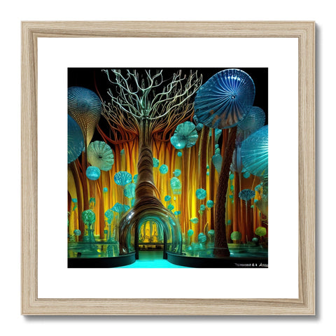 A framed art print on a wall in the green bamboo forest with a sunset lit up